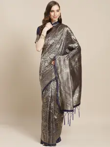 Saree mall Navy Blue & Golden Ethnic Floral Woven Design Banarasi Saree