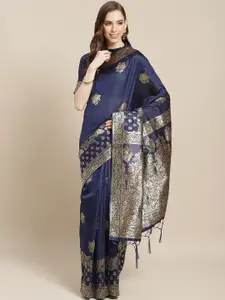 Saree mall Navy Blue & Golden Ethnic Floral Woven Design Banarasi Saree