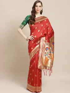 Saree mall Red & Golden Ethnic Woven Design Banarasi Saree
