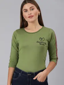 Enviously Young Women Olive Green Printed Round Neck T-shirt with Side Stripes
