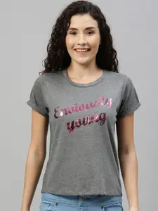 Enviously Young Women Grey Melange Printed Round Neck T-shirt
