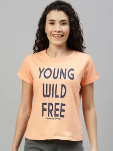 Enviously Young Women Peach-Coloured Slim Fit Printed Round Neck Pure Cotton T-shirt