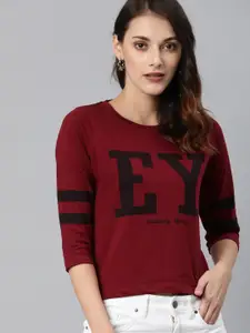 Enviously Young Women Maroon Printed Round Neck Pure Cotton T-shirt