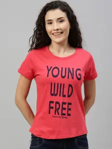 Enviously Young Women Coral Pink Printed Round Neck T-shirt