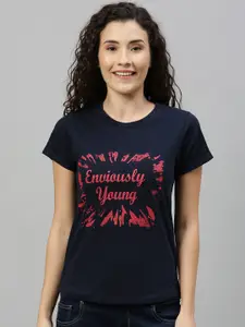 Enviously Young Women Navy Blue Slim Fit Printed Round Neck Pure Cotton T-shirt