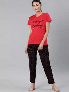 Enviously Young Women Red & Black Printed Night suit