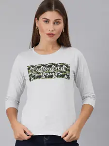 Enviously Young Women Grey Melange Printed Round Neck T-shirt