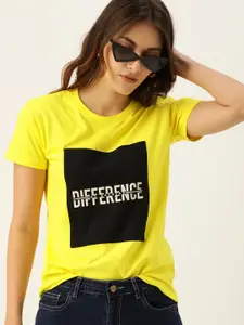 Difference of Opinion Women Yellow  Black Printed Cotton Pure Cotton T-shirt