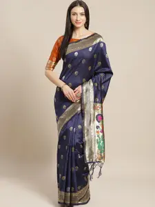 Saree mall Navy Blue & Golden Ethnic Woven Design Banarasi Saree