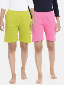 zebu Women Lime Green & Pink Pack of 2 Solid Lounge Shorts