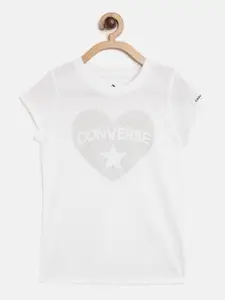 Converse Girls White & Silver Brand Logo Print Round Neck T-shirt