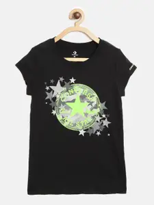 Converse Girls Black & Fluorescent Green Brand Logo Print Round Neck T-shirt