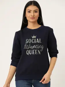 Sera Women Navy Blue & Grey Social Distancing Print Sweatshirt