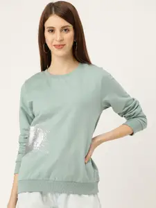 Sera Women Mint Green & Silver Glitter Heart Print Detail Sweatshirt