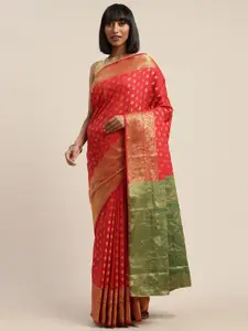 Mitera Red & Golden Silk Blend Woven Design Banarasi Saree
