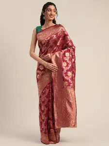 Mitera Maroon & Gold-Toned Silk Blend Woven Design Banarasi Saree