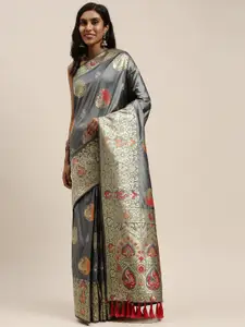 VASTRANAND Grey & Gold-Toned Silk Blend Woven Design Kanjeevaram Saree