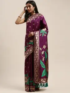VASTRANAND Burgundy Silk Blend Woven Design Banarasi Saree