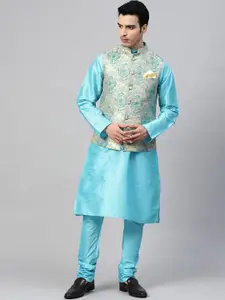 MANQ Men Turquoise Blue & Beige Solid Kurta with Churidar & Printed Nehru Jacket