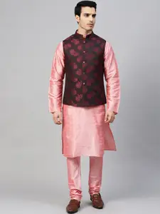 MANQ Men Coral Pink & Burgundy Woven Design Kurta & Churidar with Nehru Jacket