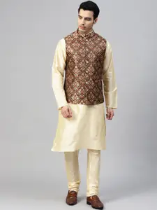 MANQ Men Beige & Brown Woven Design Kurta & Churidar with Nehru Jacket