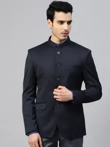 MANQ MANQ Men Navy Blue Twill Weave Solid Single-Breasted Slim Fit Bandhgala Casual Blazer