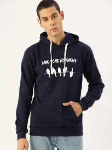 Campus Sutra Men Navy Blue Printed Bio Wash Hooded Pullover Sweatshirt
