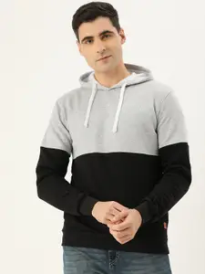 Campus Sutra Men Grey Melange & Black Colourblocked Hooded Bio Wash Sweatshirt