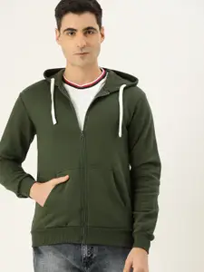Campus Sutra Men Olive Green Solid Hooded Front-Open Sweatshirt