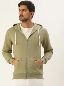 Campus Sutra Men Olive Green Solid Hooded Sweatshirt