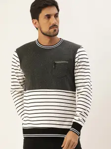 Campus Sutra Men Charcoal Grey & White Striped Pullover Sweatshirt