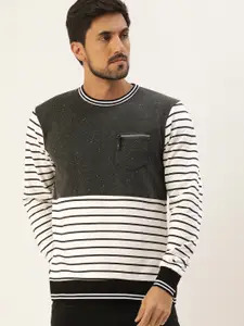 Campus Sutra Men Charcoal Grey & White Striped Pullover Sweatshirt