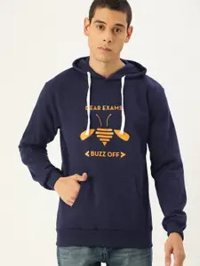 Campus Sutra Men Navy Blue Printed Hooded Bio Wash Sweatshirt