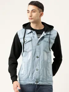 Campus Sutra Men Blue Washed Denim Jacket With Contrast Sleeves