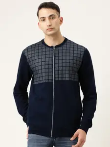 Campus Sutra Men Navy Blue Checked Bomber Jacket