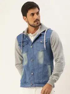 Campus Sutra Men Blue Solid Lightweight Denim Hooded Jacket