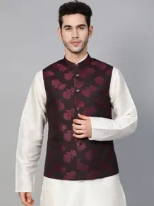 MANQ Men Burgundy Woven Design Nehru Jacket