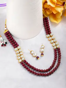 Peora Gold Plated & Maroon Kundan Studded Long Necklace with Earrings
