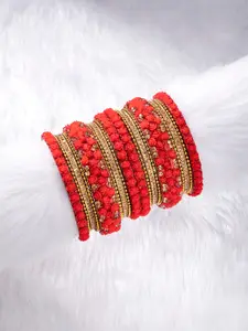 Peora Red & Gold-Plated Set Of 2 Floral Metal Chuda Bangle Set