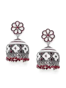 Peora Maroon & Silver-Toned Meenakari Dome Shaped Jhumkas