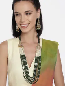 Peora Green & White Multistrand Kundan Studded Long Necklace with Earrings