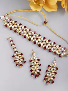 Peora Gold Plated & Maroon Kundan Jewellery Set with Earrings & Maang Tika