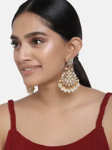 Peora Gold-Plated & White Kundan & Pearl Studded Crescent Shaped Chandbalis