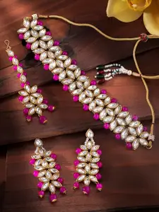 Peora Gold Plated & Pink Kundan Jewellery Set with Earrings & Maang Tika