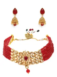 Peora Gold Plated & Red Kundan Choker Necklace with Earring Jewellery Set