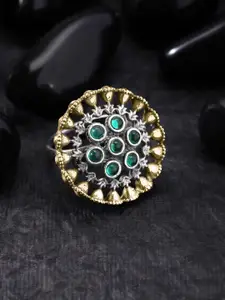 Peora Green Silver-Plated Antique Boho Vintage Oxidised Statement Adjustable Ring
