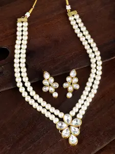 Peora Gold Plated & White Crystal Pearl Long Necklace with Drop Earrings