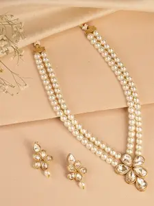 Peora Gold Plated & White Crystal Pearl Long Necklace with Drop Earrings