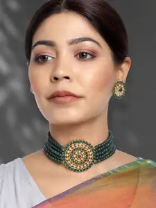 Peora Green Gold Plated Choker Necklace with Oversized Stud Earrings Jewellery Set