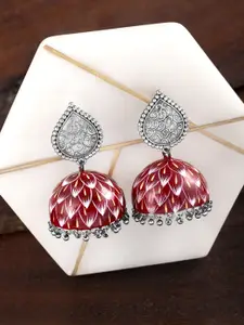 Peora Maroon & Silver-Toned Silver Plated Dome Shaped Jhumkas